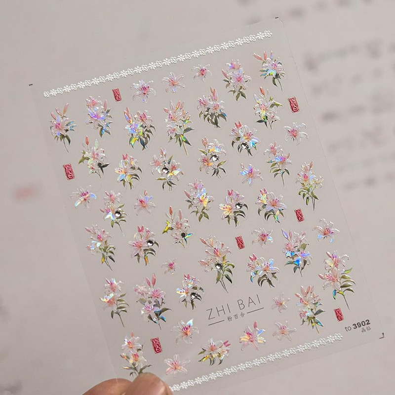 Holographic Floral Nail Art Stickers, Blossoms Lily Design with Iridescent