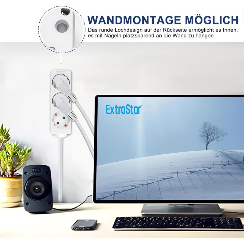 EXTRASTAR 3-Way Power Strip, Flat Plug Multiple Socket with 1.5