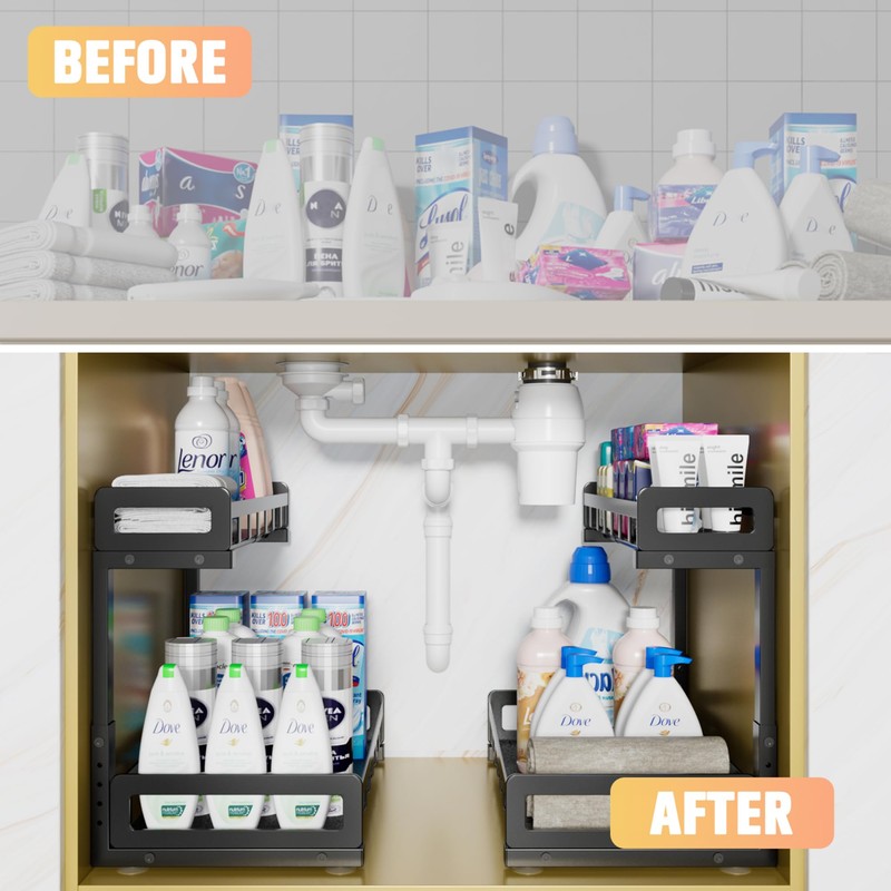 Under Sink Organizer, Metal Large Capacity 2-Tier Sliding Cabinet Storage
