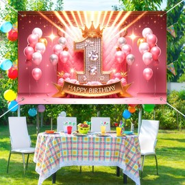 BlissYard Happy 1st Birthday Banner Crown Queen Princess Decoration Pink and Gold for Baby Girl Photo Booth