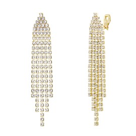 EleQueen Austrian Crystal Clip-on Earrings, Linear Drop Chandelier Tassel Earrings for Women Wedding Bridal Party Clear Gold-Tone