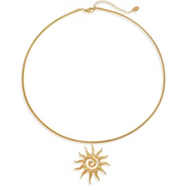 Jean Beau Chunky Gold Sun Pendant Necklace for Women, Trendy Charm Thick Adjustable Snake Chain Hollow Sunburst Choker Nacklaces Fall Winter Prom Jewelry Gift.