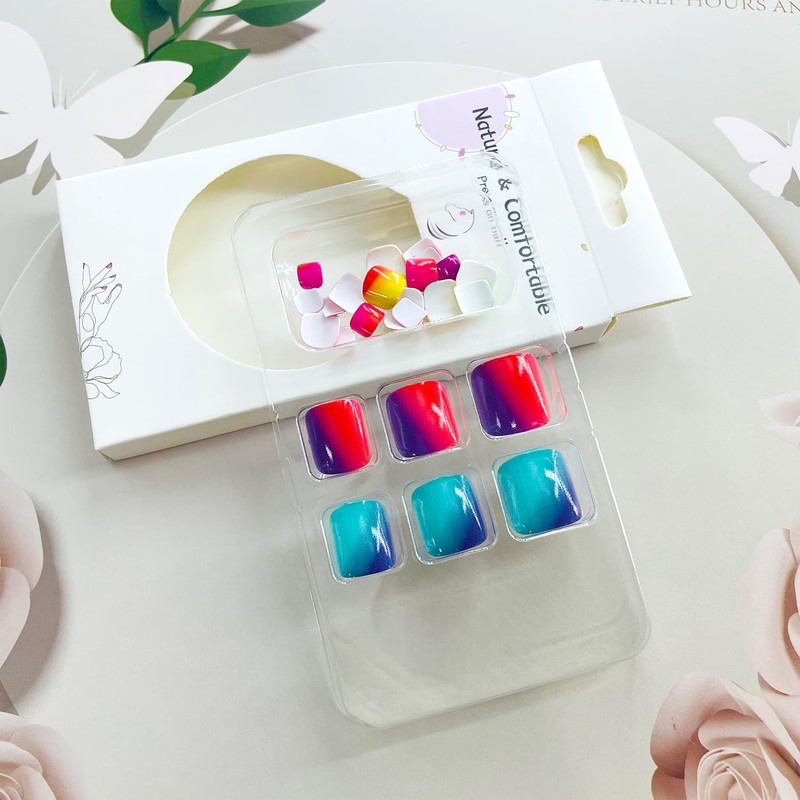 Rainbow Gradient Fake Toenails Colorful Ombre Press on Toenails Glossy