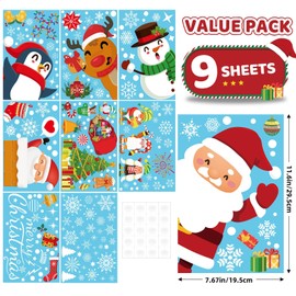 9 Pcs Christmas Window Stickers Xmas Decals Decorations for Glass Snowflake Santa Claus Reindeer Window Cling Sticker for Decorations