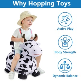 iPlay, iLearn Bouncy Pals Hopping Cow Horse, Toddler Girl Boy Inflatable Bouncing Animal Hopper Toy, Outdoor Indoor Plush Ride on Bouncer, Baby Birthday Gift 18 Month 2 3 4 Year Old Kid - Cow