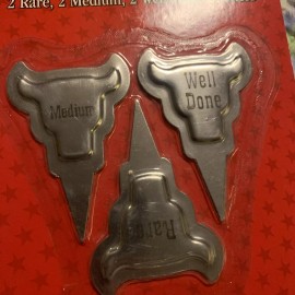 Great American Bar B Que NEW IN PACKAGE 6 STAINLESS STEEL STEAK MARKERS  RARE MEDIUM WELL DONE