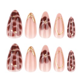 MISUD Fall Press on Nails Almond Medium Fake Nails Glossy Glue on Nails Brown Flower Acrylic Nail Supplies Stiletto Artificial Nail Art Gold Chrome Stick on False Nails with Design DIY 24 pcs