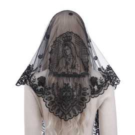 Bozidol Mantilla Triangular Camellia Mary Virgin Veil for Women, Lace Embroidered Catholic Church Veils for Mass Holy Communion, Elegant Black Design