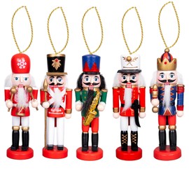 SHATCHI 13cm Wooden Christmas Nutcrackers 5pcs Set - Soldiers King Puppet Moving Parts Figurines Christmas Tree Hanging Decoration Ornaments