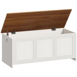 HOOBRO Storage Bench, 43.3" Retro Wooden Storage Chest, Wooden Storage Trunk, Toy Chest with Lift Top, Multifunctional Entryway Organizer, for Entryway, Living Room, White and Walnut WH411CW01