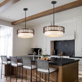 18" Drum Chandelier, 3-Light Modern Farmhouse Chandelier, Large Black and Wood Texture Pendant Light Fixture for Dining Room Kitchen Island Foyer Entryway Bedroom