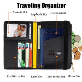 Passport Holder with RFID Blocker, Protective Case for Credit Cards, Passport, ID and Travel Documents, Travel Accessories/Travel Organiser, Multi-Compartment Zipped Wallet, black, rfid wallet