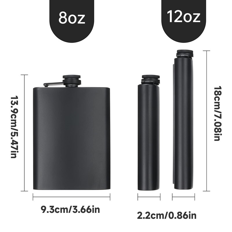 2 Pack Hip Flasks for Liquor, 8 Oz & 12