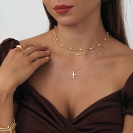 Relveo Layered Gold Necklaces for Women,Dainty Layered Pearl Necklace for Women 14K Gold Plated 3 Layer Pearl Cross Pendant Elegant Pearls Jewelry
