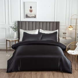 Morbuy Silk Satin Double Duvet Cover with 2 Pillowcases, Black Bedding Set Easy Care Duvet Cover Set with Zipper Closure - Luxury Ultra Soft Quilt Cover 3 Piece - 200x200cm