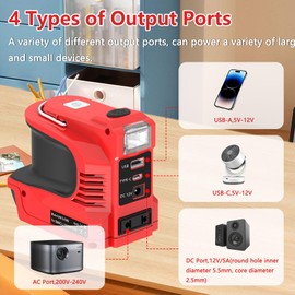 Hocomay 180W Akku Wechselrichter Kompatibel mit EIN-hell 18V Akku, DC 18V auf AC 200V-240V Power Wechselrichter, Spannungswandler Konverter mit 200LMLED Lampe, DC Rundloch, USB-A, USB-C, Wechselstromauslass