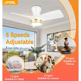 OPONL 30" White low profile Ceiling Fan with Light, with Gold Trim Ring, Large Air Volume, flush mount ceiling fan for Bedroom Kitchen Dining room Patio