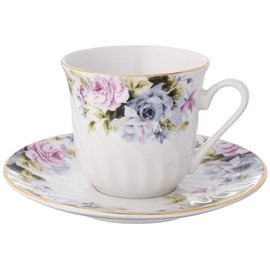 Lynns Millicent Porcelain Tea Cup and Saucer with Gold Trim, Set of 6; Vintage Floral