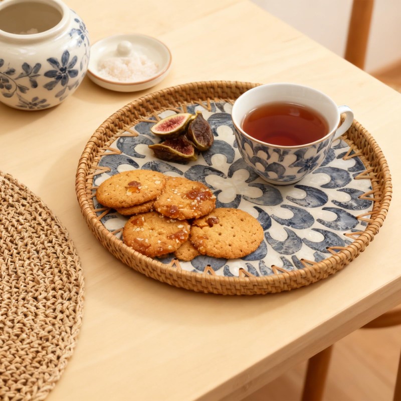 Round Rattan Tray with Pearl Inlay, 11.8in Woven Serving Tray