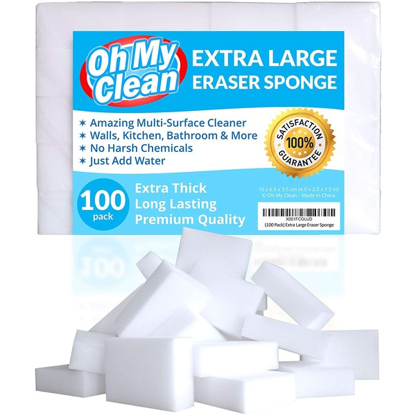 (100 Pack) Extra Large Eraser Sponge - Extra Thick, Long Lasting, Premium Melamine Sponges in Bulk - Multi Surface Power Scrubber Foam Cleaning Pads - Bathtub, Floor, Baseboard, Bathroom, Wall Cleaner