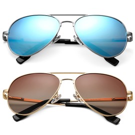 NULOOQ Small Aviator Polarized Sunglasses for Small Face Women Men Juniors and Kids Small Frame 52mm (Silver/Blue Mirrored + Gold/Gradient Brown) - 2 Pack