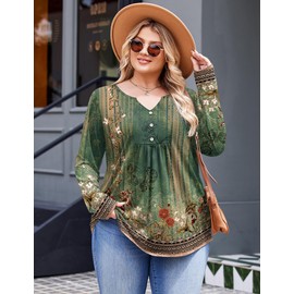 IN'VOLAND Plus Size Long Sleeve Top for Women Tunic Tops Green Floral T-Shirts V-neck Fall Dressy Blouse Casual Tops 3X