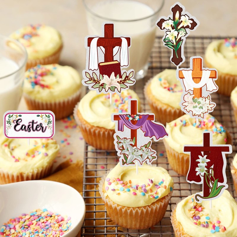 18Pcs Cross Cupcake Toppers - Religious Party Cupcake Toppers,Happy Easter