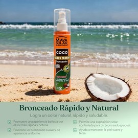 Maya Solar Aceite Bronceador de Coco FPS 2 | 100% Ecológico y Biodegradable | Apto para Ecoparques (Xcaret) | Bronceado Rápido y Natural | No Grasoso y Aroma Tropical
