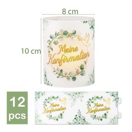 BETESSIN 12 x Lantern Table Decoration Confirmation – My Confirmation Decoration with Eucalyptus Design – Light Cover for Tea Lights and Candles – Lantern Table Decoration for Confirmation for Boys