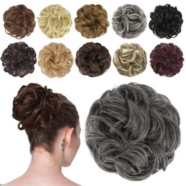FESHFEN Messy Bun Hair Piece - 1 PCS Elastic Wavy Curly Hair Bun Scrunchies Extensions Synthetic Chignon Hairpieces for Women, Dark Salt and Pepper 1.5 oz