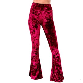 Daisy Del Sol Crushed Velvet High Waisted Comfy Soft Stretch 70s Yoga Loungewear Bell Bottom Flare Pants (Small, Red)