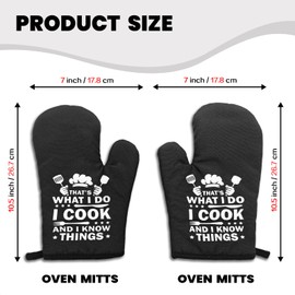 GOSJINNK 2 Pcs Funny Oven Mitts That's What I Do I Cook and I Know Things Heat Resistant Mitts Adult Humor Silicone Non-Slip Oven Mitts for Kitchen Decor Sweet Housewarming Gifts for Hostess Friend