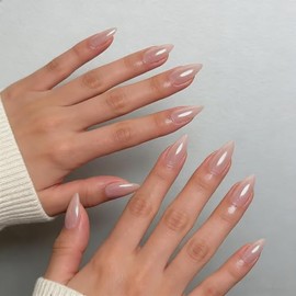 SXVME Uñas postizas cromadas almendra, rosa carne, con acabado de espejo esmaltado, uñas postizas cromadas brillantes, uñas postizas de gel stiletto p