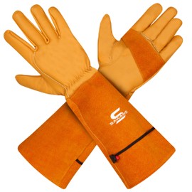 SAWANS Leather Gardening Gloves for Men/Women Long Forearm Protection Thorn Proof Breathable Rose Pruning Garden Safety Work Gloves Multi-Purpose Thick Palm Gauntlet (Yellow, S (Pack of 1))