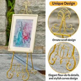 XAONIEN Gold Easel Stand for Sign, Adjustable Height Metal Easel Display Stand with Chain Support, Heavy Duty Easel for Sign, Wedding, Picture Frame, Mirror. (No Installation Required)