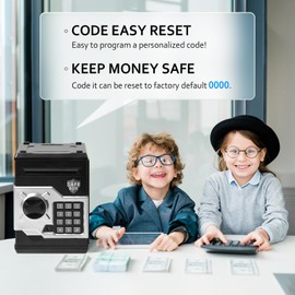 ATM Piggy Bank for Boys Girls, Vcertcpl Mini ATM Coin Bank Money Saving Box with Password, Kids Safe Money Jar for Adults with Auto Grab Bill Slot, Great Gift Toy Bank for Kids (Black Silver)