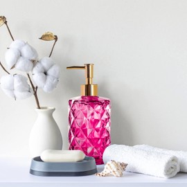 Glass Soap Dispenser,Crystal Refillable Wash Hand Liquid Clear Glass Bottle with Pump for Essential Oils, Lotions, Liquid Soaps,Dish Detergent(12 OZ Rose)