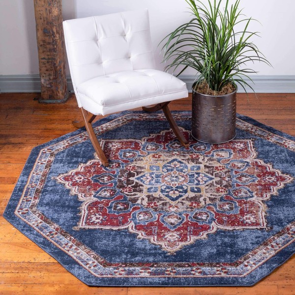 Unique Loom Utopia Collection Traditional Classic Vintage Inspired Area Rug with Warm Hues (5' 0 x 5' 0 Octagon, Navy Blue/Burgundy)