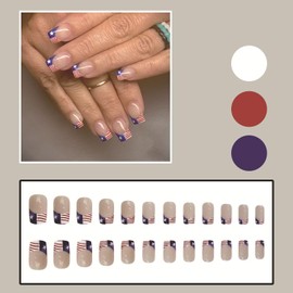 24 Pcs Acrylic Press on Nail 4th of July Nails American Flag Designs Press on Nails Short Square OLIUKJU Nude Pink Fake Nails Full Cover False Nails Independence Day Glue on Nails for Women