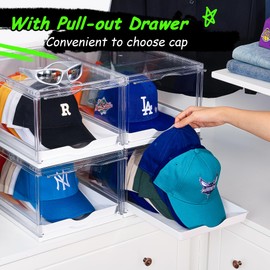 Vtopmart 2 Pack Hat Organizer for Baseball Caps, Clear Hats Holder Box with Drawer, Large Cap Storage with Sliding Tray, Stackable Rack Display Case with Magnetic Door, Each Holds 12 Hats