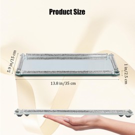 YCWF Silver Glass Vanity Tray,Perfume Tray,Mirror Trays for Bedroom Dresser,Crystal Cosmetic Makeup Tray,Decorative Tray for Home Decor Christmas Brithday Gift(Silver Crushed Diamond)