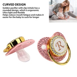 Focket Chupete de Silicona, Chupete Personalizado de 26 Letras con Clip para Chupete, Chupete Seguro para Recién Nacidos con Diseño Curvo y Pedrería, para Bebés Amamantados, Niñas, Casa (Letra R)