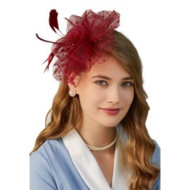 Cizoe Fascinators Hat for Women Tea Party Headband Kentucky Derby Wedding Flower Cocktail Mesh Feathers Hair Clip(1-Burgundy)
