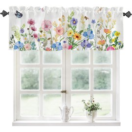 Dragonfly Wildflowers Kitchen Curtain Valance for Windows Butterfly Botanical Floral Pink Blue Colorful Window Treatments Short Curtains for Kitchen Windows Bathroom Bedroom Door, 54"Wx18"L,1 Panel