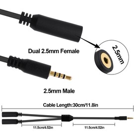 YARCHONN 2.5mm Splitter Audio Y Cable Adapter 2.5mm TRRS 1 Male to 2 Female Headphone Micphone Extension Cord Wire-30cm/11.8in-2pcs