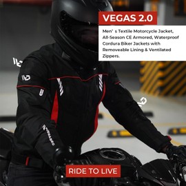 WD Motorcycle Jacket for Men CE Armoured Motorcycle Gear with padding, Breathable Cordura Fabric, Reflective Jacket for Night Visibility Powersports Protective Jackets Vegas 2.0 - (Red, 3X-Large)