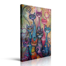 Colorful Cat Canvas Wall Art, Whimsical Cats Print, Modern Abstract Animal Decor, Funky Home Decoration Ready To Hang (16"x24")