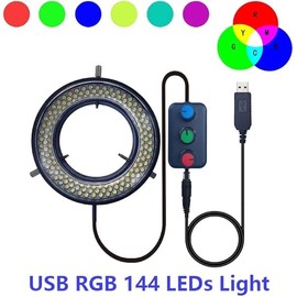 Microscope LED Ring Light Illuminator, USB 5V 144 Color Temperature Adjustable, 4 Zone, RGB, Focus Lamp Source for Monocular Binocular Trinocular Stereo Microscope Vision Scientific (144 LED RGB)