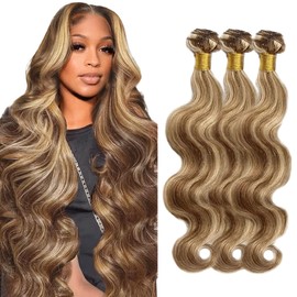 Fridnae Hair P4613 Bundle Highlight Body Wave Human Hair Bundles Two Tone Dark Brown And Blonde 3 Bundles 24 26 28 Inch 613 Body Wave Bundle Ombre Hair Weave