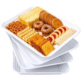 SUT 4-Pack Plastic Large White Serving Trays Set - 16" x 11" Reusable Serving Platters for Cookie, Appetizer, Charcuterie, Snack, Dessert, Party Food Display - Stackable Serving Trays for Party